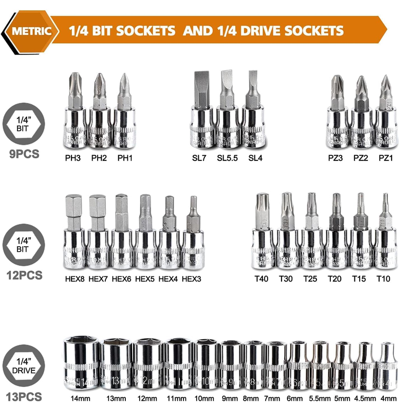 Juego de 46 llaves de trinquete de 1/4 de pulgada, con juego de puntas métricas y barra de extensión para reparación de automóviles y uso doméstico, con estuche de almacenamiento. - Imagen 2