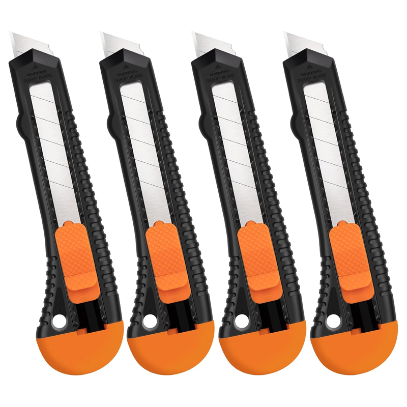 Cuchillo retráctil multiusos, paquete de 4 cortadores de cajas con hoja desprendible de 18 mm para papel, plástico y cartón.