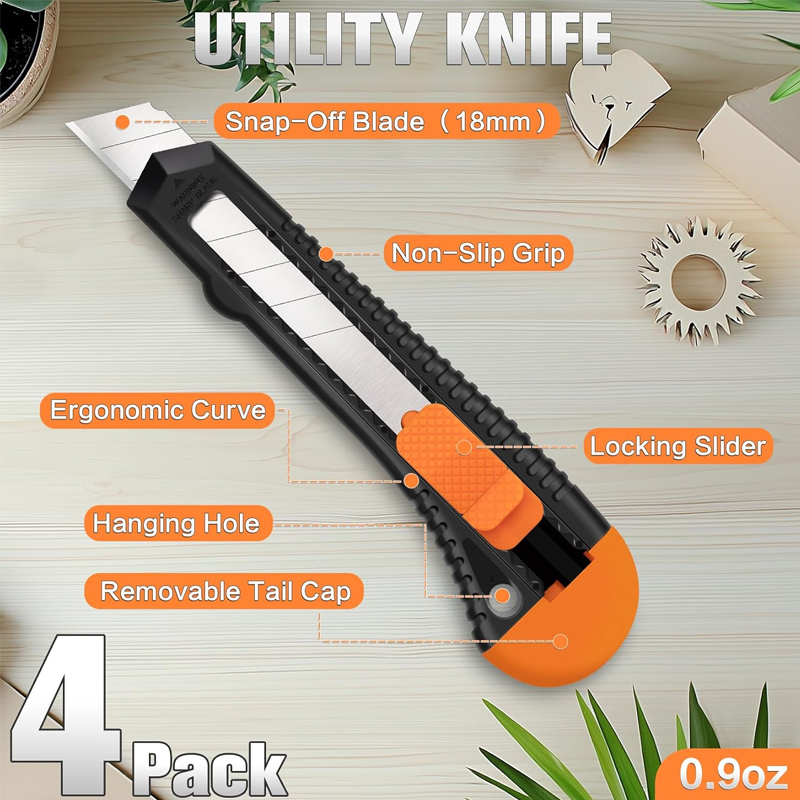Cuchillo retráctil multiusos, paquete de 4 cortadores de cajas con hoja desprendible de 18 mm para papel, plástico y cartón. - Imagen 3
