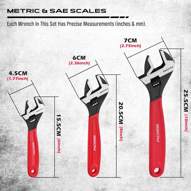 Juego de llaves ajustables para tubos: Llave de mordaza ancha de 6", 8" y 10" con acabado de óxido negro y agarre acolchado, escalas métricas y SAE marcadas con láser, acero CR-V para uso profesional. - Imagen 3