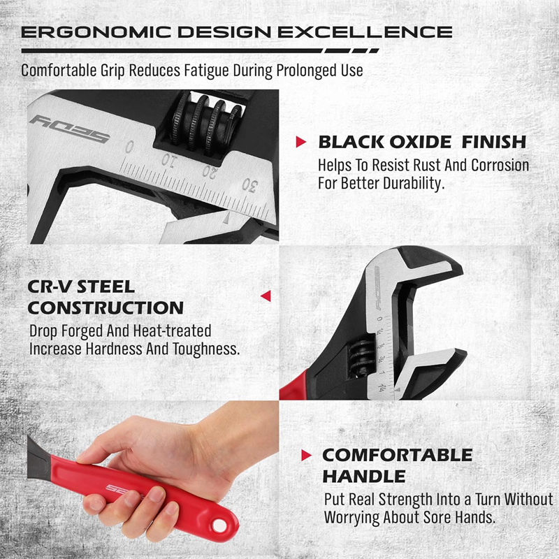 Juego de llaves ajustables para tubos: Llave de mordaza ancha de 6", 8" y 10" con acabado de óxido negro y agarre acolchado, escalas métricas y SAE marcadas con láser, acero CR-V para uso profesional. - Imagen 2