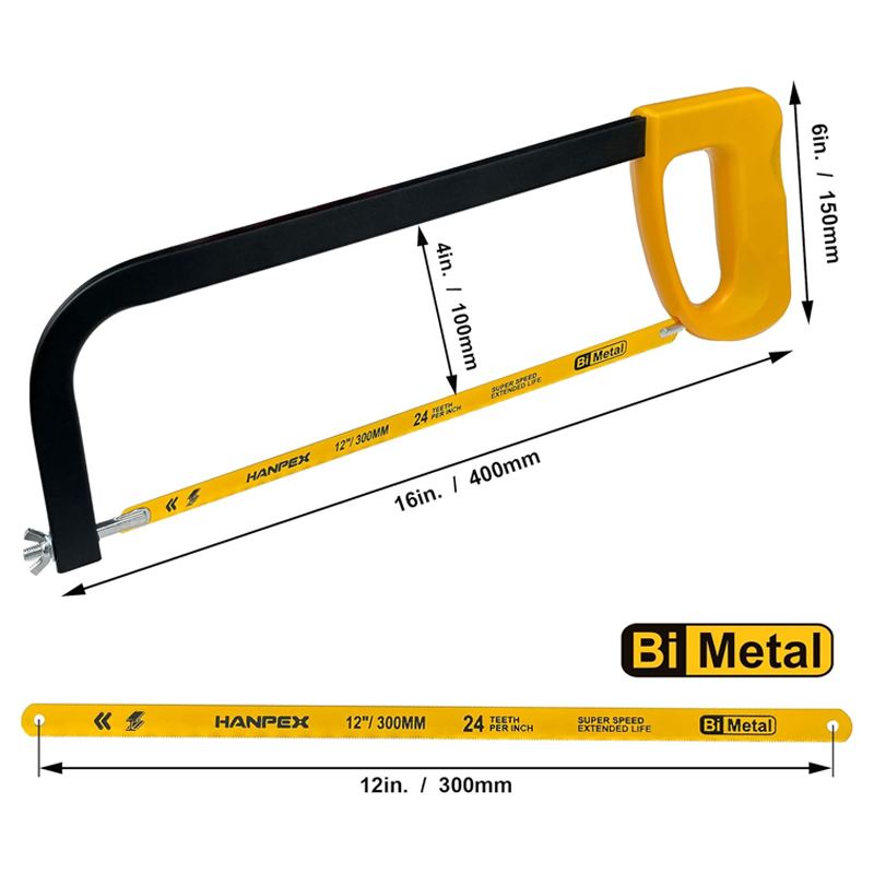Sierra de mano de alta tensión de 12 pulgadas con hoja bimetálica de 24 dientes por pulgada, ideal para metal, madera, PVC y carpintería. - Imagen 2