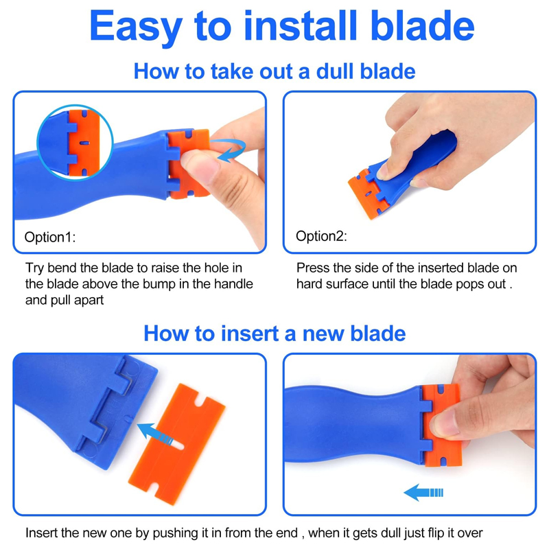 4 raspadores de plástico con cuchillas de afeitar y 100 cuchillas, herramienta para quitar calcomanías, sin rayones, removedor de adhesivos para calcomanías, juntas y pinturas en ventanas de autos. - Imagen 2