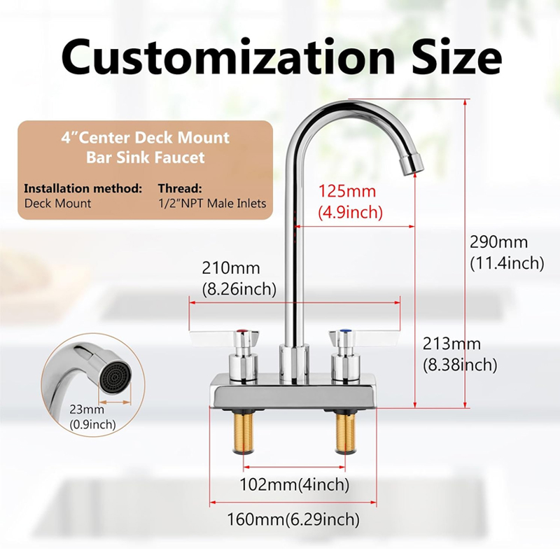 Grifo para fregadero de barra de 4 pulgadas, montaje en cubierta central, grifo de fregadero de preparación de 2 orificios, manijas dobles, uso comercial, lavandería, cocina, cromo pulido - Imagen 3