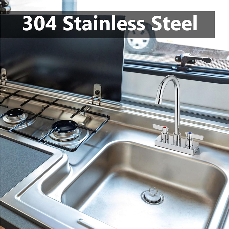 Grifo para fregadero de barra de 4 pulgadas, montaje en cubierta central, grifo de fregadero de preparación de 2 orificios, manijas dobles, uso comercial, lavandería, cocina, cromo pulido - Imagen 2