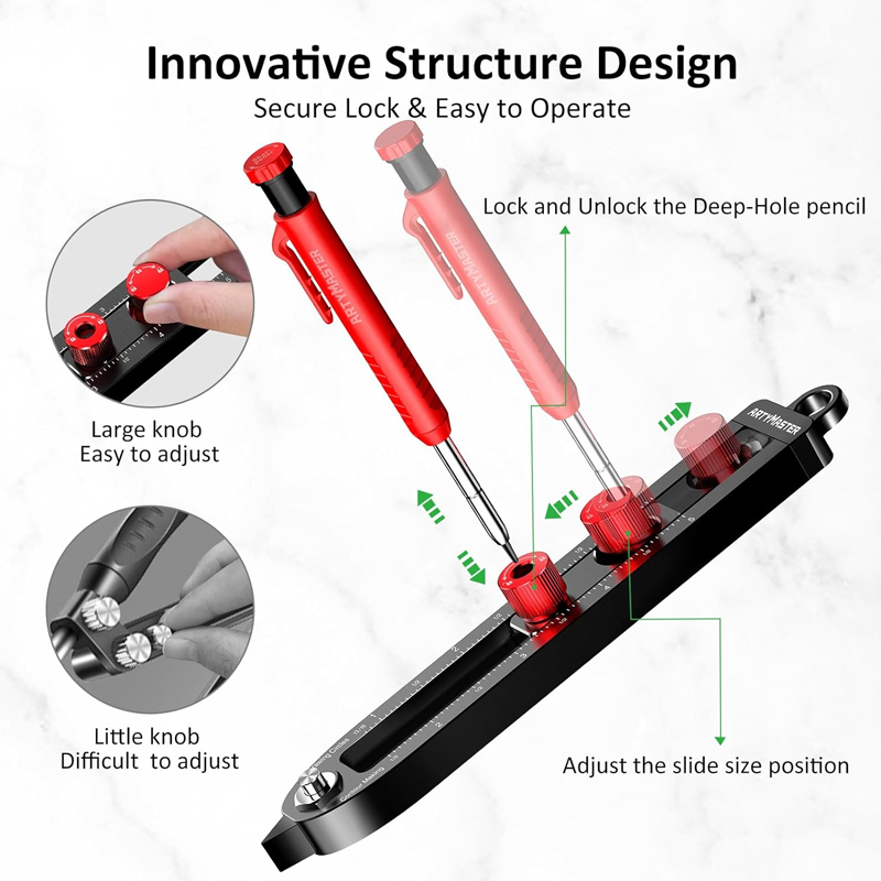 Herramienta de trazado multifunción, marcador de líneas para carpintería DIY, brújula de carpintería portátil de aleación de aluminio, calibre de marcado circular en pulgadas, lápices de carpintero de agujeros profundos, 6 recargas. - Imagen 2